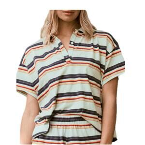 THE GREAT. The Aquamarine Striped Crop Polo In Blue Size 0 / XS Hand Rolled Hems